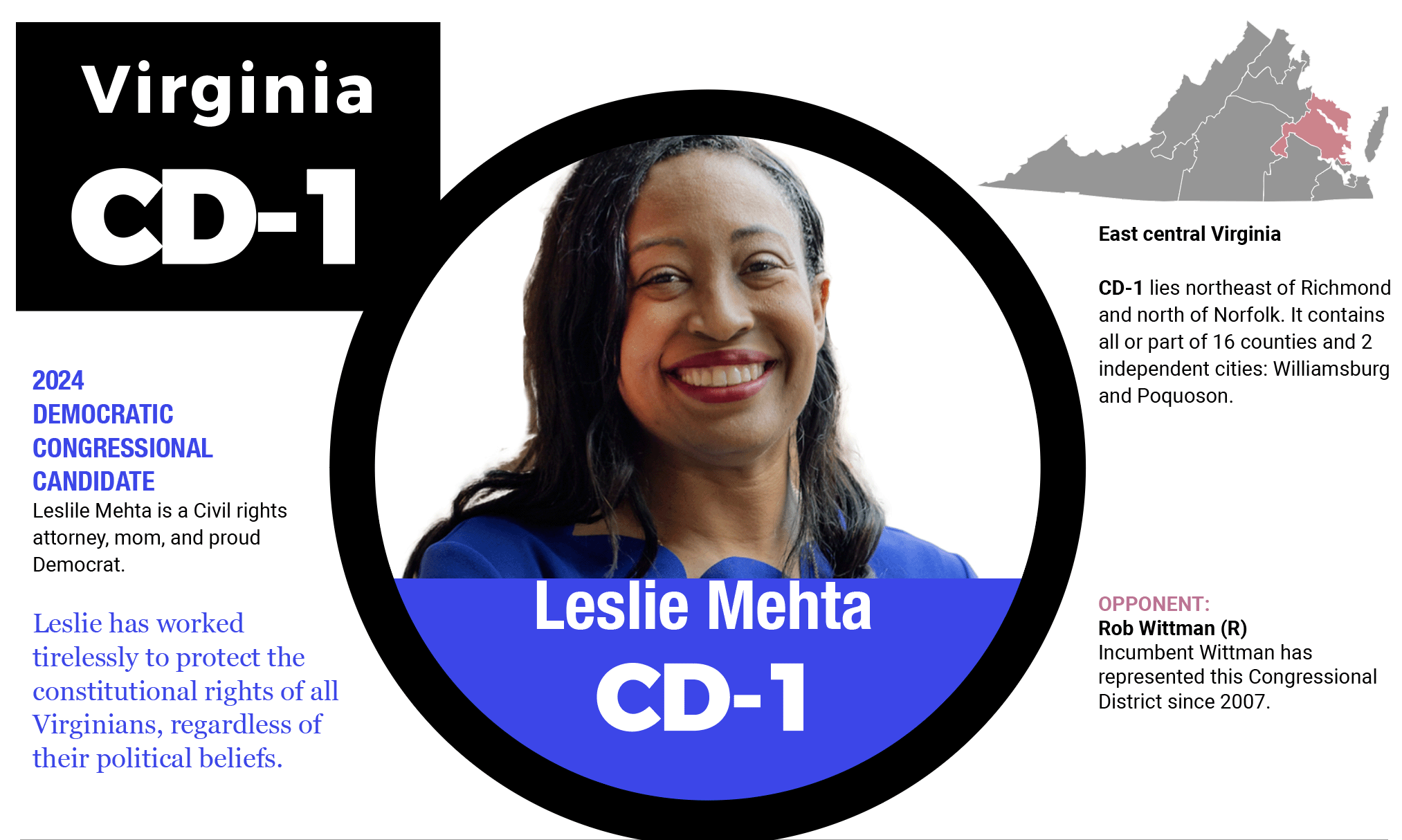 Info re. Viginia CD-1 candidate Leslie Mehta and  Congressional district 1.